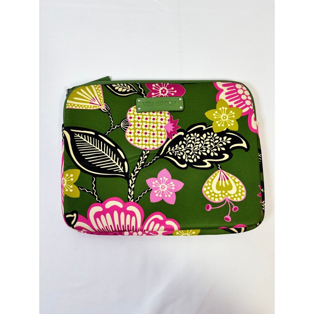 Vera Bradley Green Pink Floral Tablet Laptop Sleeve Tech Case 10x8 Zip Top